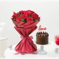 Romantic red rose bouquet gift with chocolate cake for special occasion